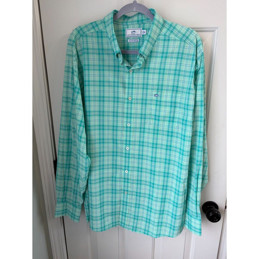 Southern Tide Men's Intercoastal Blue Teal Gingham Plaid Button Down Size XL